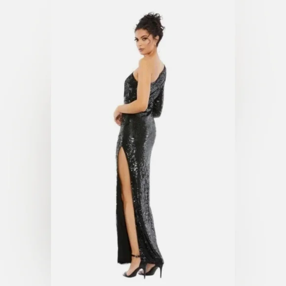 NWT Mac Duggal Elegant Black Sequin One-Shoulder Dress - Size 12 - Picture 2 of 5